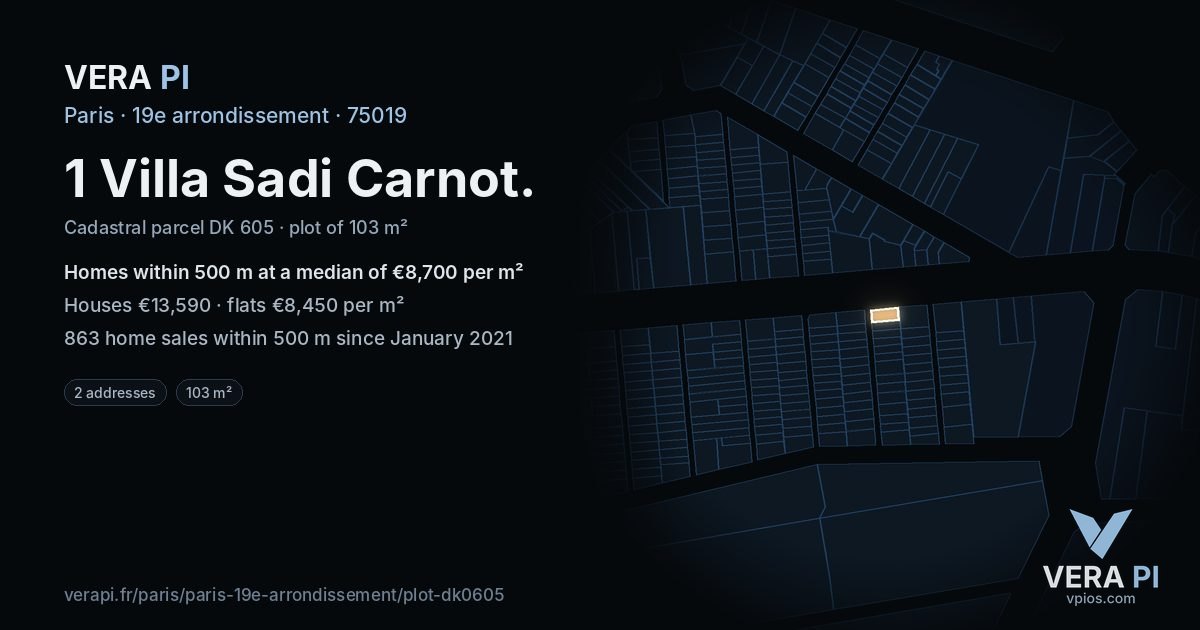 1 Villa Sadi Carnot, 19e arrondissement at night – the plot lit, the parcels around coloured by the prices near them