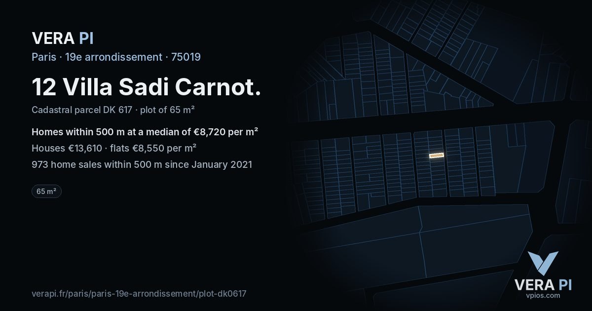12 Villa Sadi Carnot, 19e arrondissement at night – the plot lit, the parcels around coloured by the prices near them