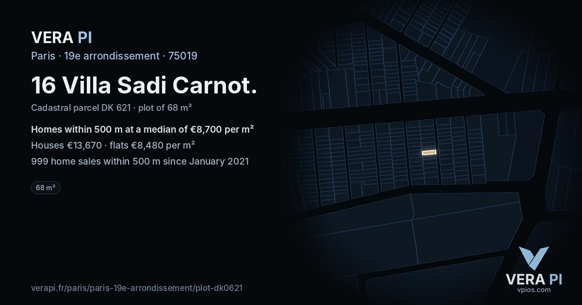 16 Villa Sadi Carnot, 19e arrondissement at night – the plot lit, the parcels around coloured by the prices near them