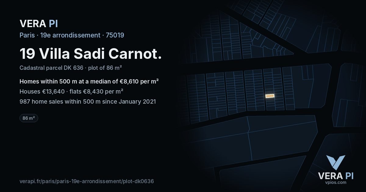 19 Villa Sadi Carnot, 19e arrondissement at night – the plot lit, the parcels around coloured by the prices near them