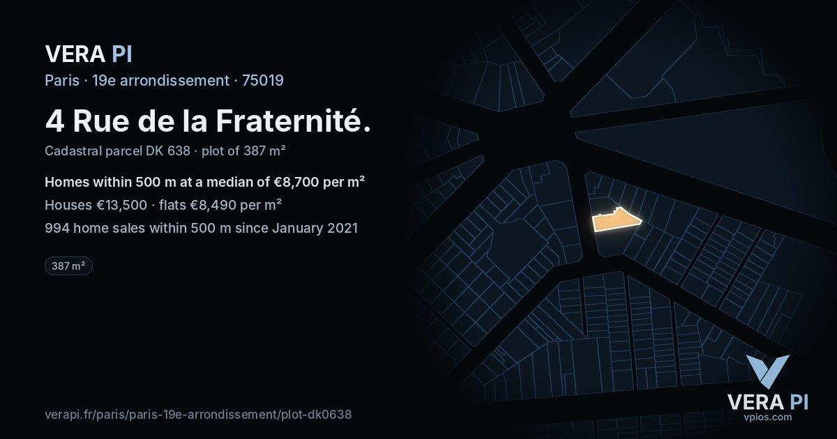 4 Rue de la Fraternité, 19e arrondissement at night – the plot lit, the parcels around coloured by the prices near them
