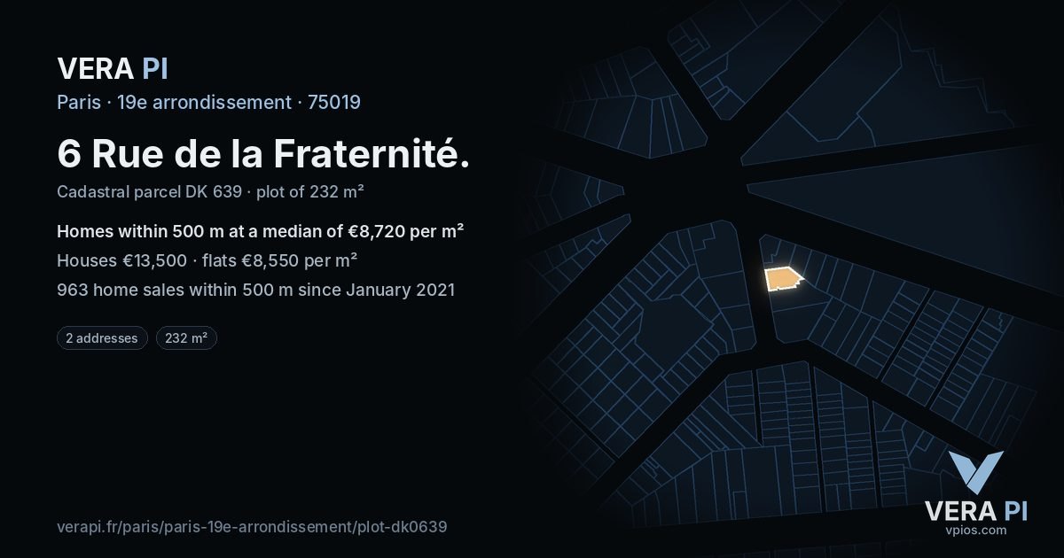 6 Rue de la Fraternité, 19e arrondissement at night – the plot lit, the parcels around coloured by the prices near them