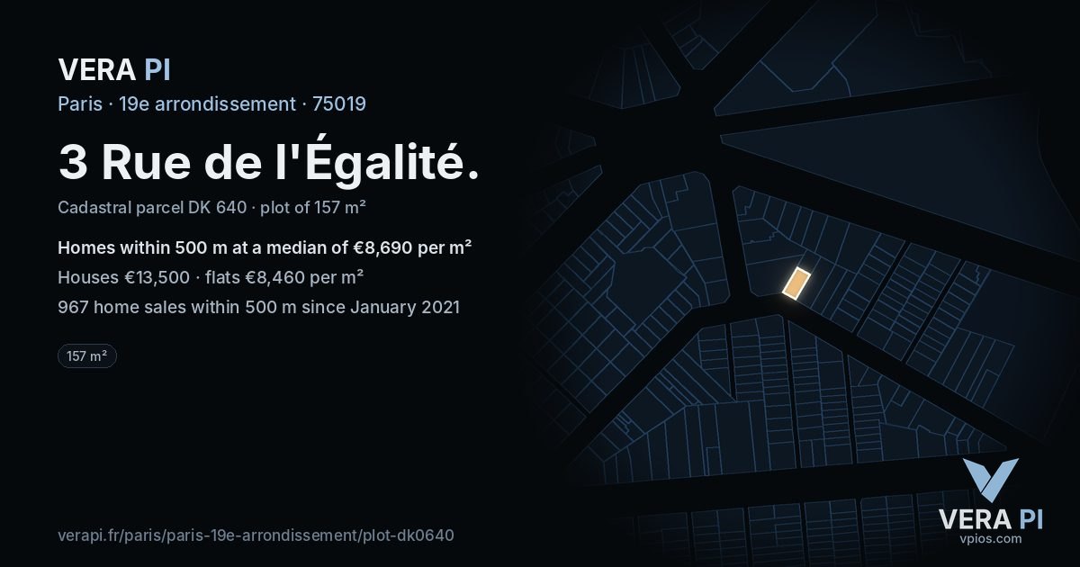 3 Rue de l'Égalité, 19e arrondissement at night – the plot lit, the parcels around coloured by the prices near them