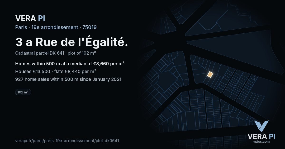 3 a Rue de l'Égalité, 19e arrondissement at night – the plot lit, the parcels around coloured by the prices near them