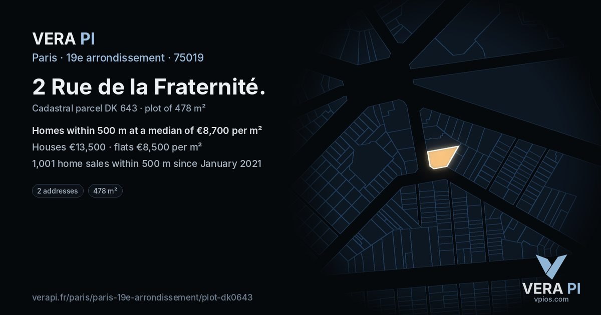 2 Rue de la Fraternité, 19e arrondissement at night – the plot lit, the parcels around coloured by the prices near them
