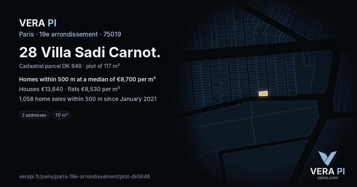 28 Villa Sadi Carnot, 19e arrondissement at night – the plot lit, the parcels around coloured by the prices near them