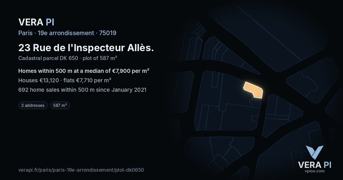23 Rue de l'Inspecteur Allès, 19e arrondissement at night – the plot lit, the parcels around coloured by the prices near them