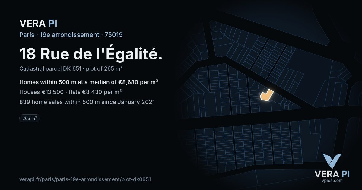 18 Rue de l'Égalité, 19e arrondissement at night – the plot lit, the parcels around coloured by the prices near them