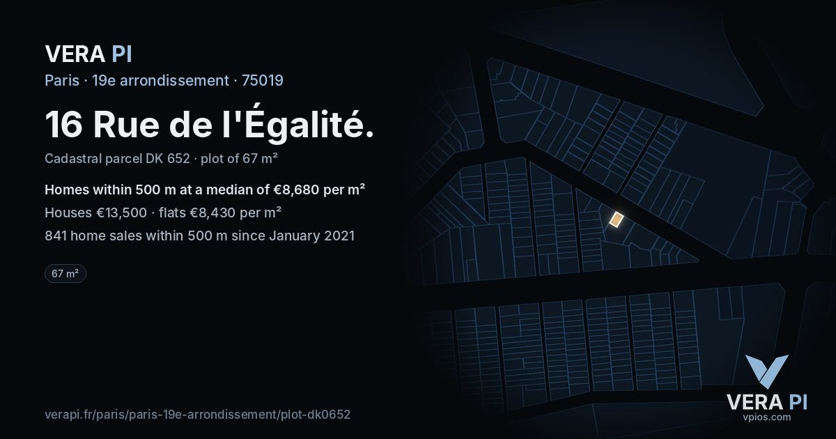 16 Rue de l'Égalité, 19e arrondissement at night – the plot lit, the parcels around coloured by the prices near them