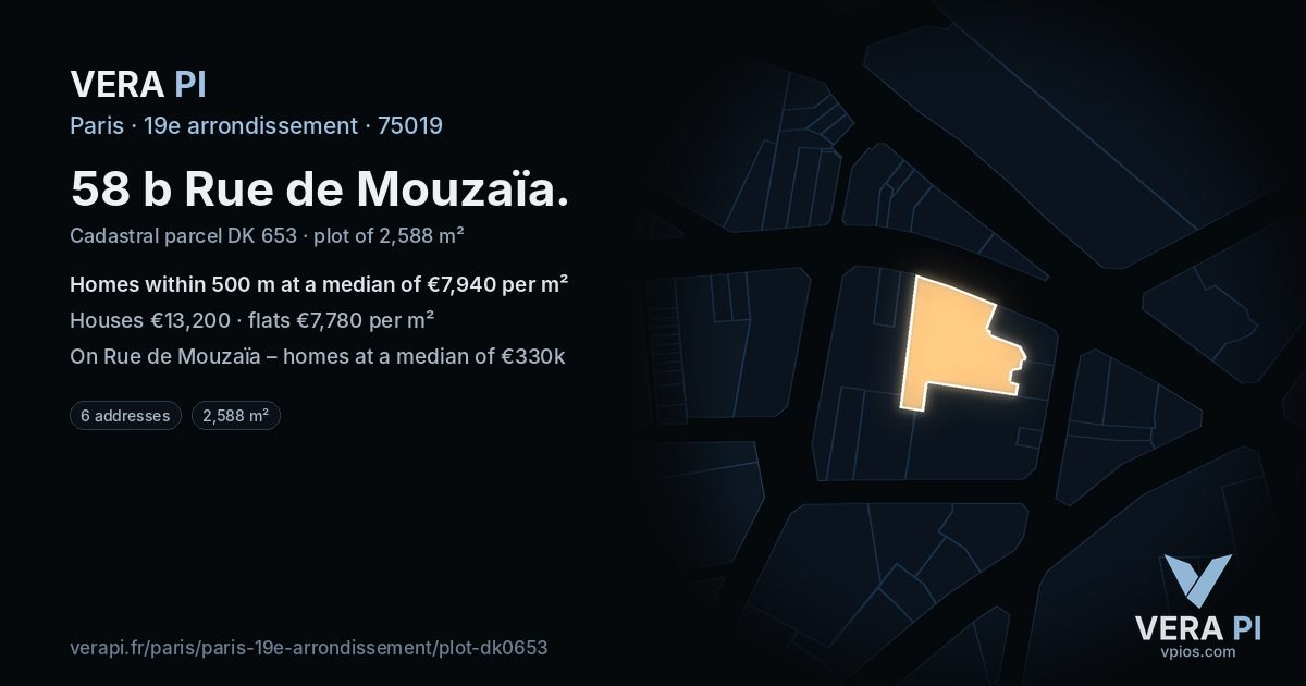 58 b Rue de Mouzaïa, 19e arrondissement at night – the plot lit, the parcels around coloured by the prices near them