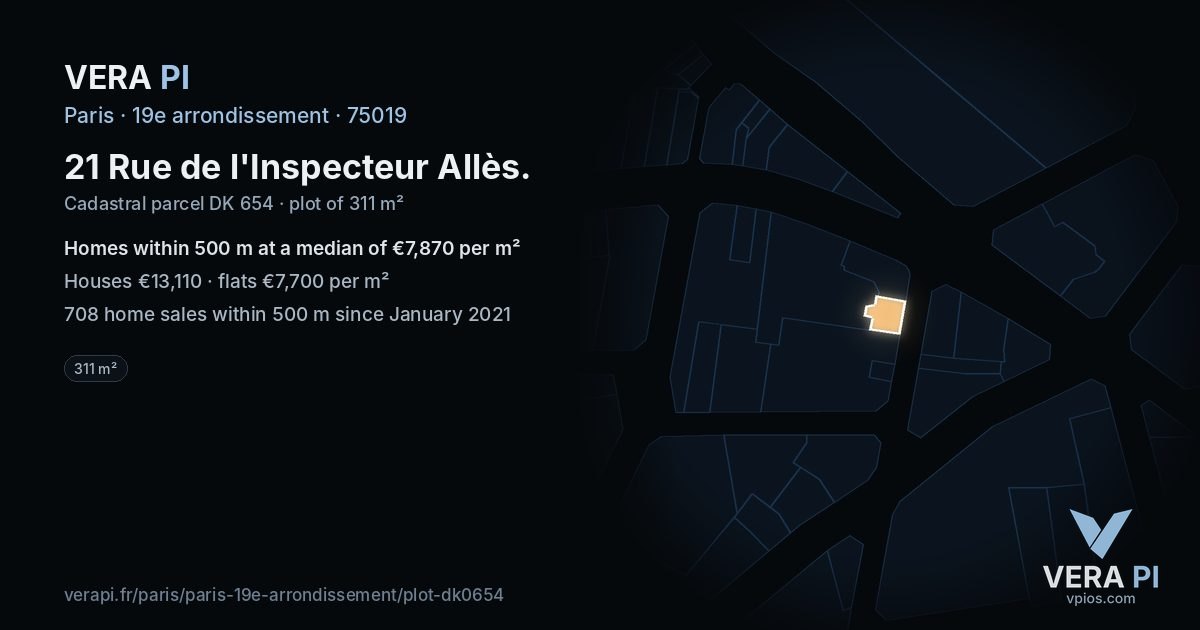 21 Rue de l'Inspecteur Allès, 19e arrondissement at night – the plot lit, the parcels around coloured by the prices near them