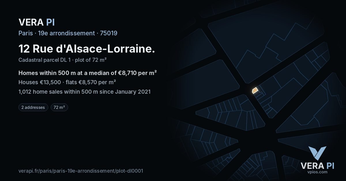 12 Rue d'Alsace-Lorraine, 19e arrondissement at night – the plot lit, the parcels around coloured by the prices near them