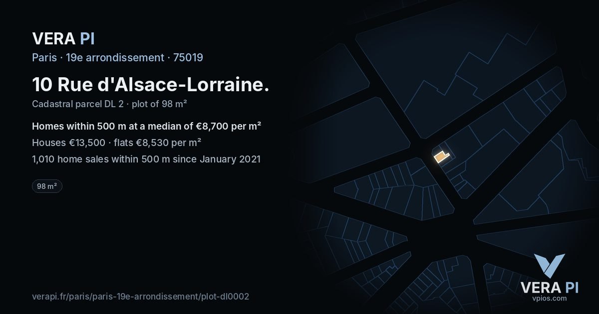 10 Rue d'Alsace-Lorraine, 19e arrondissement at night – the plot lit, the parcels around coloured by the prices near them
