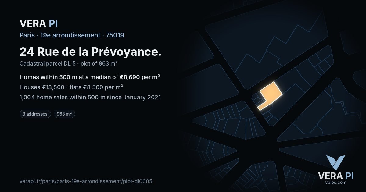 24 Rue de la Prévoyance, 19e arrondissement at night – the plot lit, the parcels around coloured by the prices near them