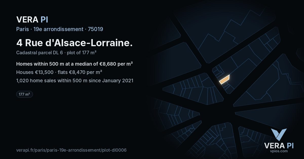 4 Rue d'Alsace-Lorraine, 19e arrondissement at night – the plot lit, the parcels around coloured by the prices near them