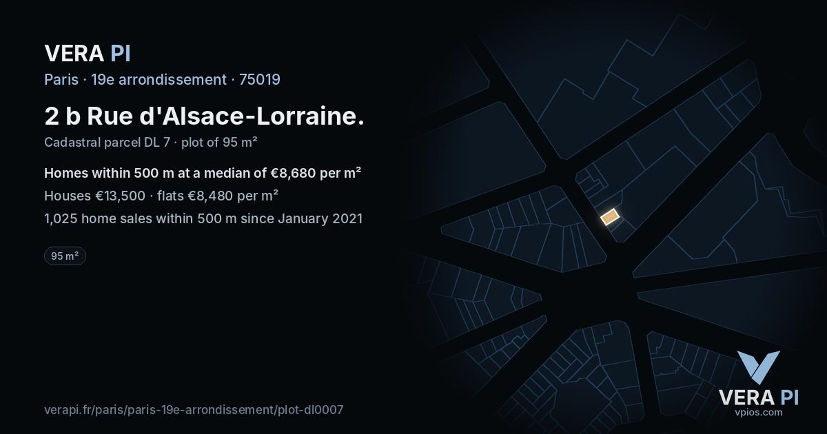2 b Rue d'Alsace-Lorraine, 19e arrondissement at night – the plot lit, the parcels around coloured by the prices near them