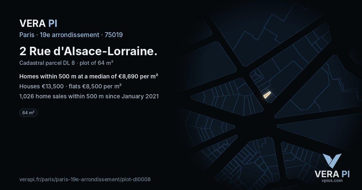 2 Rue d'Alsace-Lorraine, 19e arrondissement at night – the plot lit, the parcels around coloured by the prices near them