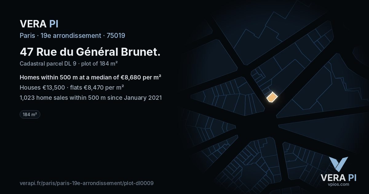 47 Rue du Général Brunet, 19e arrondissement at night – the plot lit, the parcels around coloured by the prices near them