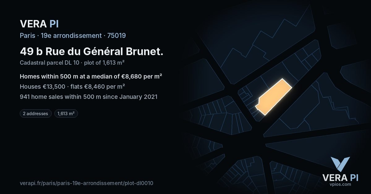 49 b Rue du Général Brunet, 19e arrondissement at night – the plot lit, the parcels around coloured by the prices near them