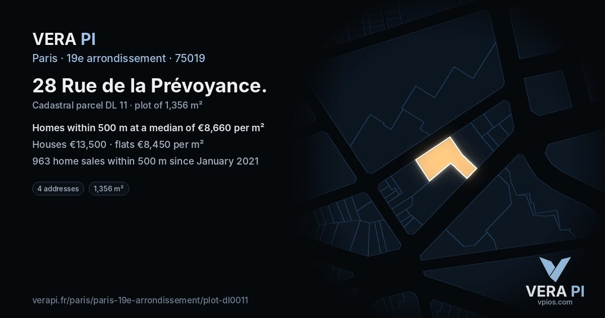 28 Rue de la Prévoyance, 19e arrondissement at night – the plot lit, the parcels around coloured by the prices near them