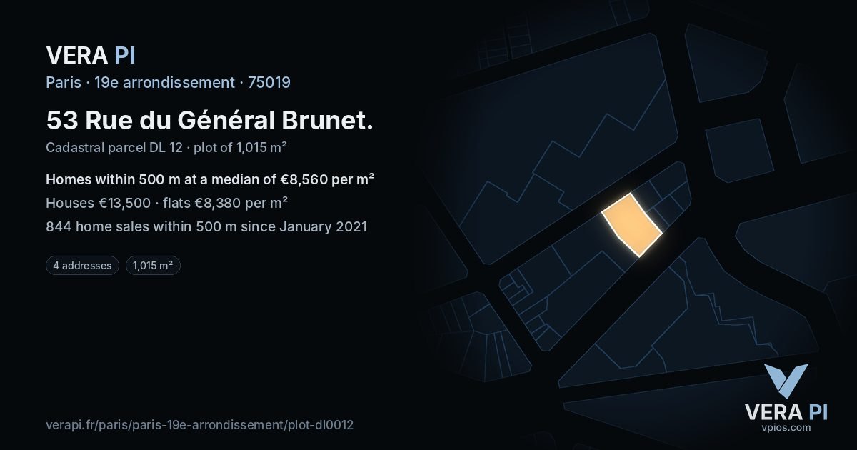 53 Rue du Général Brunet, 19e arrondissement at night – the plot lit, the parcels around coloured by the prices near them