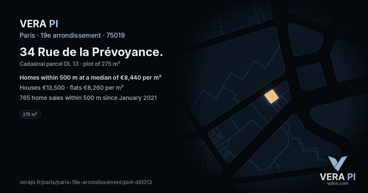 34 Rue de la Prévoyance, 19e arrondissement at night – the plot lit, the parcels around coloured by the prices near them
