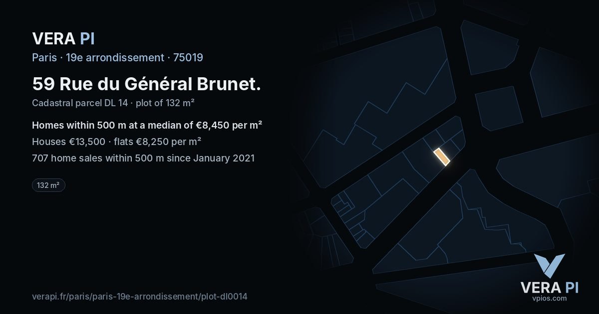 59 Rue du Général Brunet, 19e arrondissement at night – the plot lit, the parcels around coloured by the prices near them