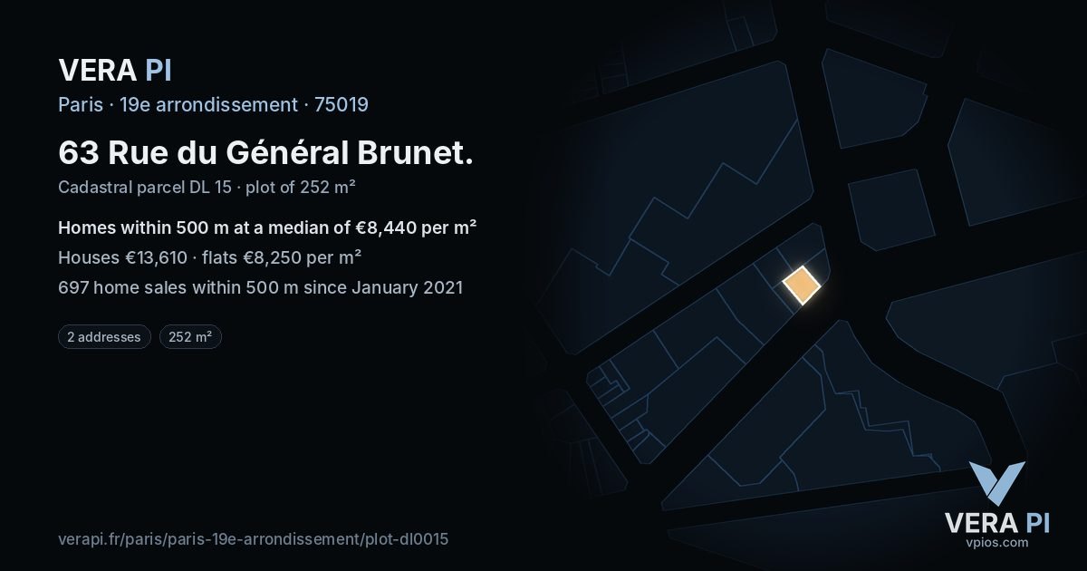 63 Rue du Général Brunet, 19e arrondissement at night – the plot lit, the parcels around coloured by the prices near them
