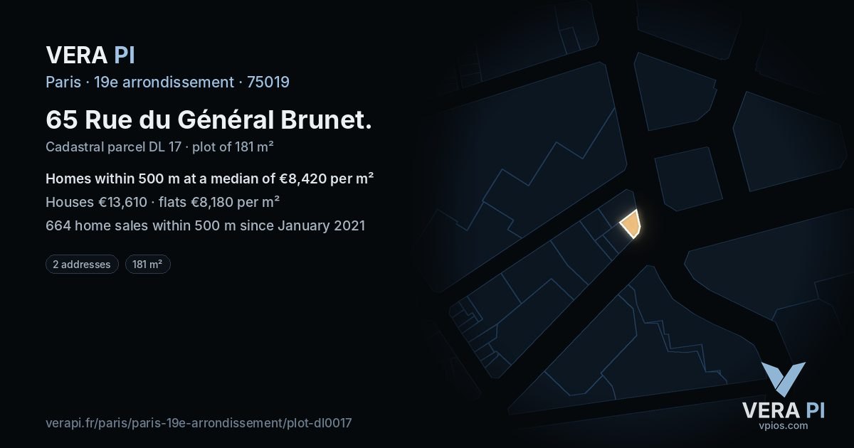 65 Rue du Général Brunet, 19e arrondissement at night – the plot lit, the parcels around coloured by the prices near them