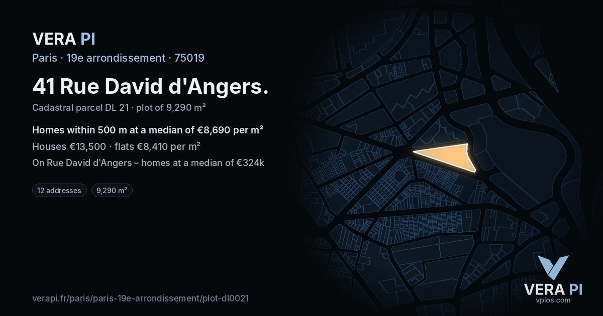 41 Rue David d'Angers, 19e arrondissement at night – the plot lit, the parcels around coloured by the prices near them