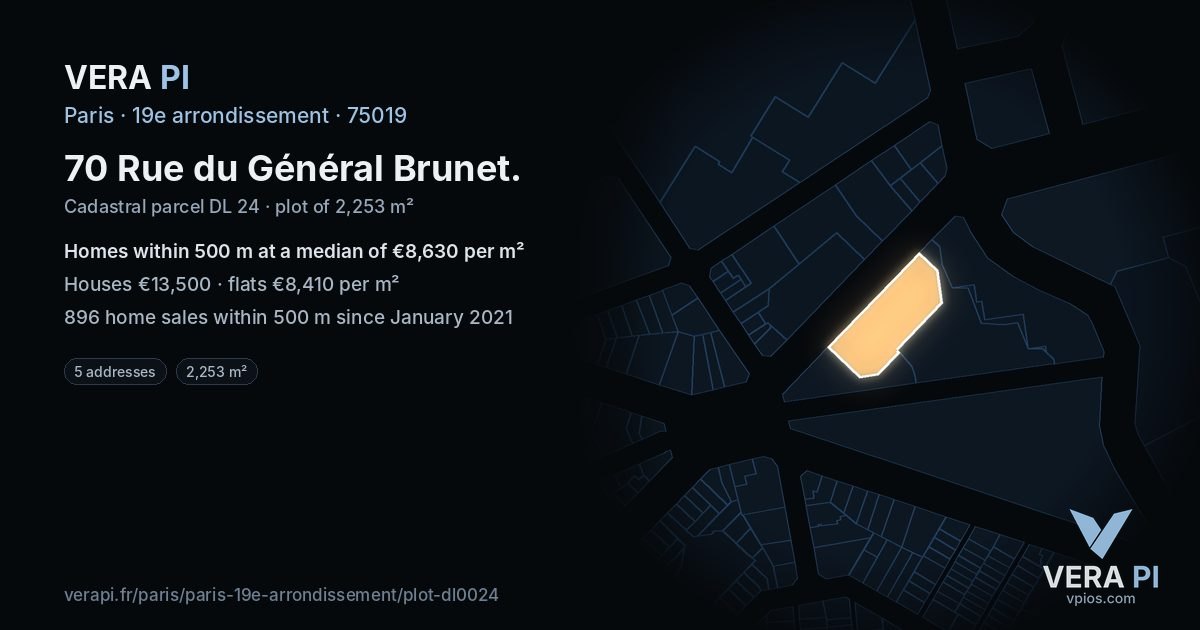 70 Rue du Général Brunet, 19e arrondissement at night – the plot lit, the parcels around coloured by the prices near them