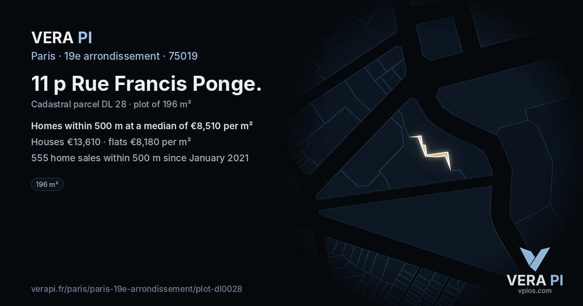 11 p Rue Francis Ponge, 19e arrondissement at night – the plot lit, the parcels around coloured by the prices near them