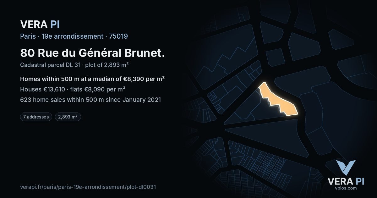 80 Rue du Général Brunet, 19e arrondissement at night – the plot lit, the parcels around coloured by the prices near them