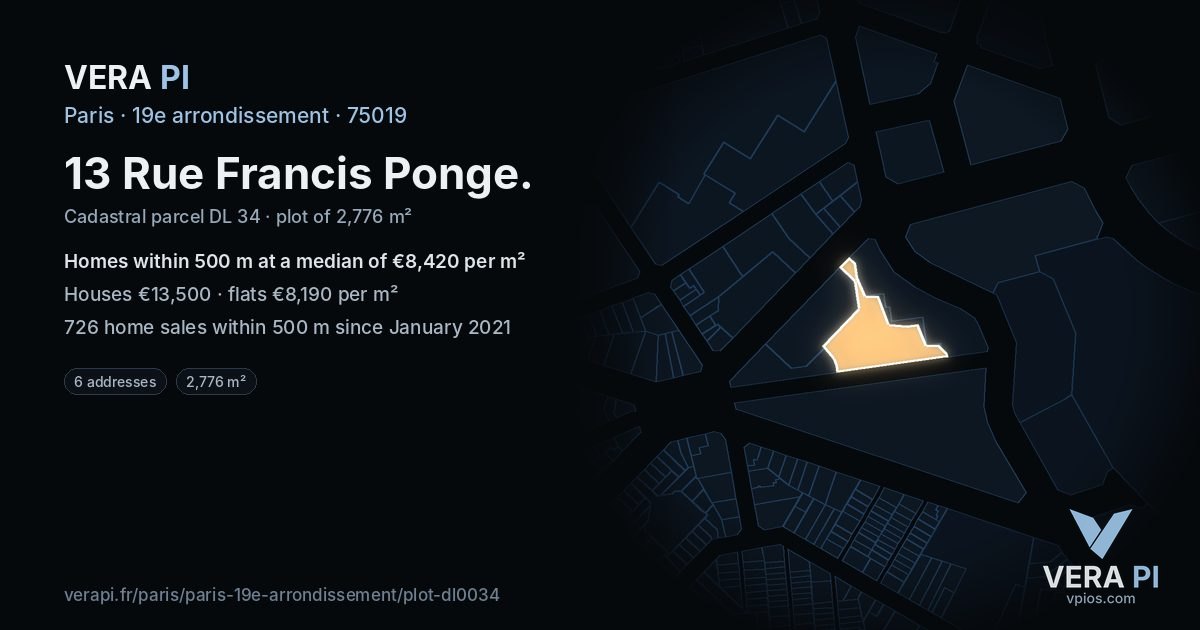 13 Rue Francis Ponge, 19e arrondissement at night – the plot lit, the parcels around coloured by the prices near them