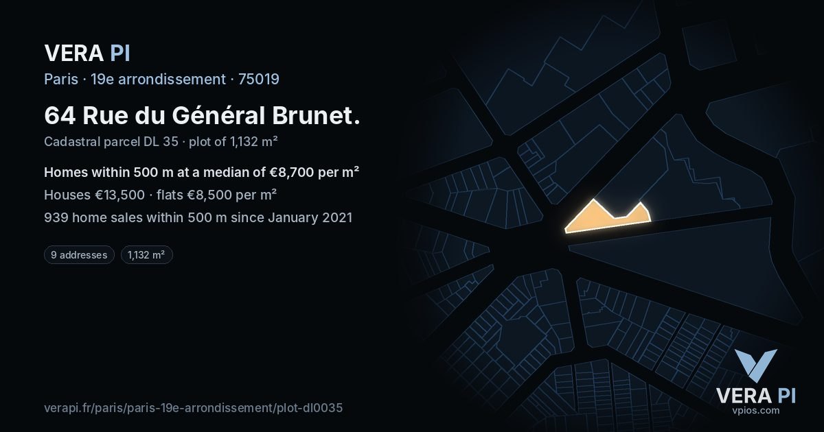 64 Rue du Général Brunet, 19e arrondissement at night – the plot lit, the parcels around coloured by the prices near them
