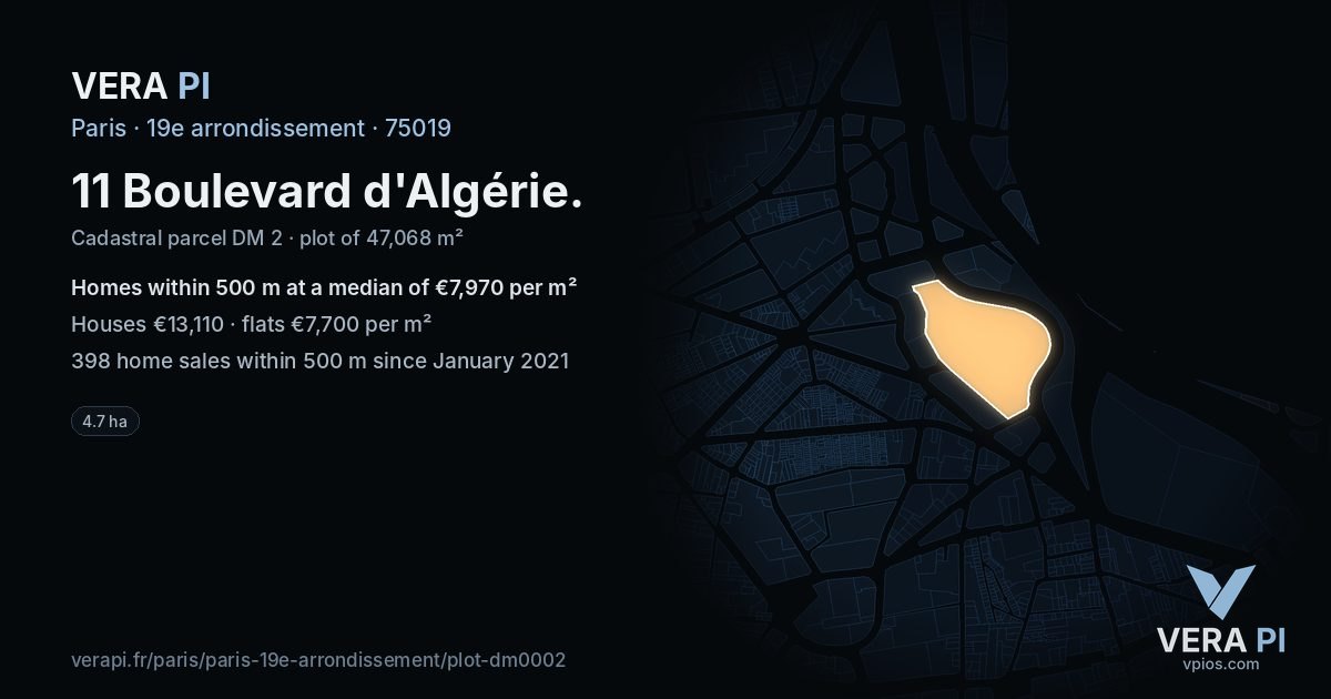 11 Boulevard d'Algérie, 19e arrondissement at night – the plot lit, the parcels around coloured by the prices near them