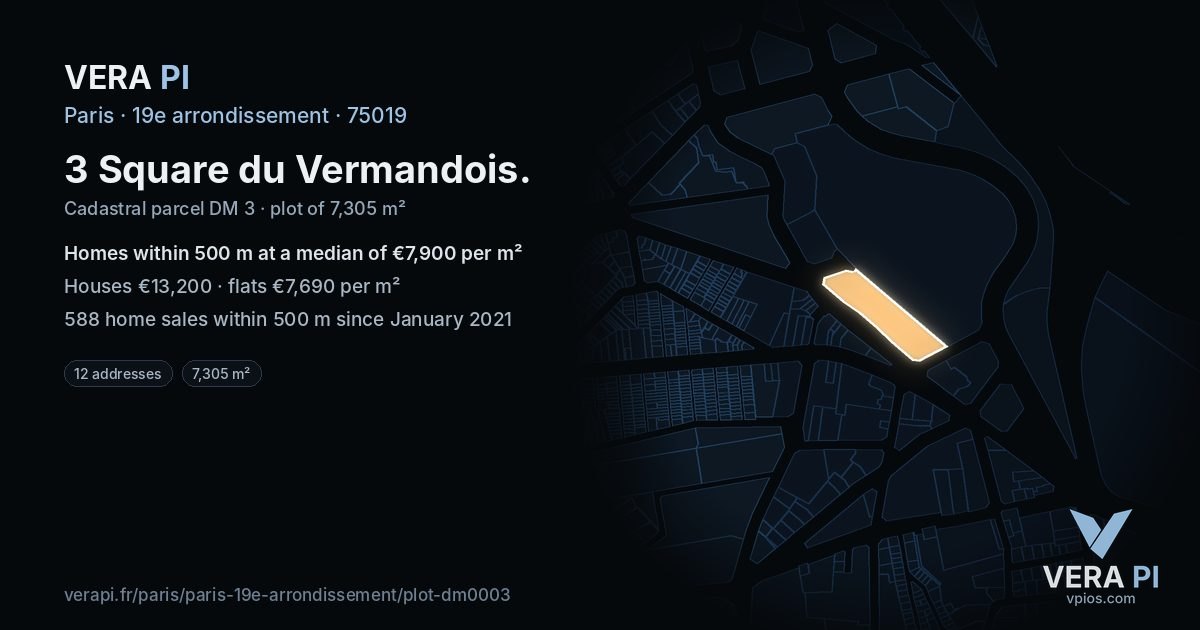 3 Square du Vermandois, 19e arrondissement at night – the plot lit, the parcels around coloured by the prices near them