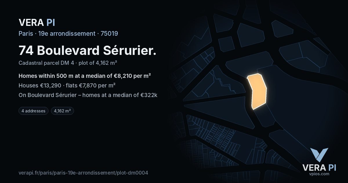74 Boulevard Sérurier, 19e arrondissement at night – the plot lit, the parcels around coloured by the prices near them