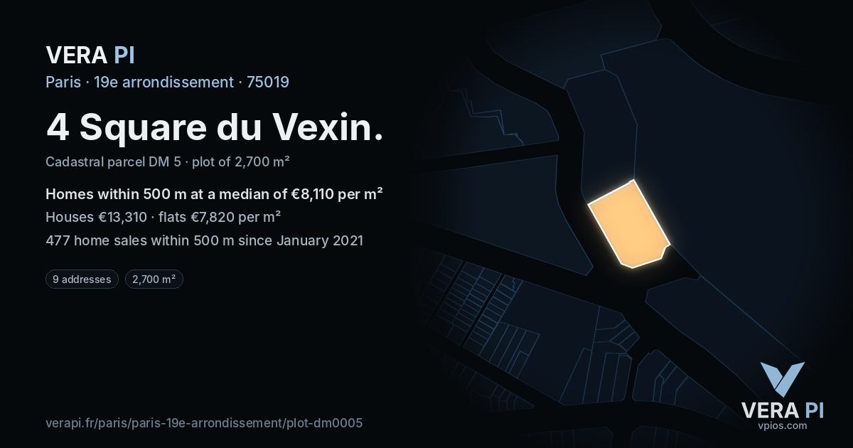 4 Square du Vexin, 19e arrondissement at night – the plot lit, the parcels around coloured by the prices near them
