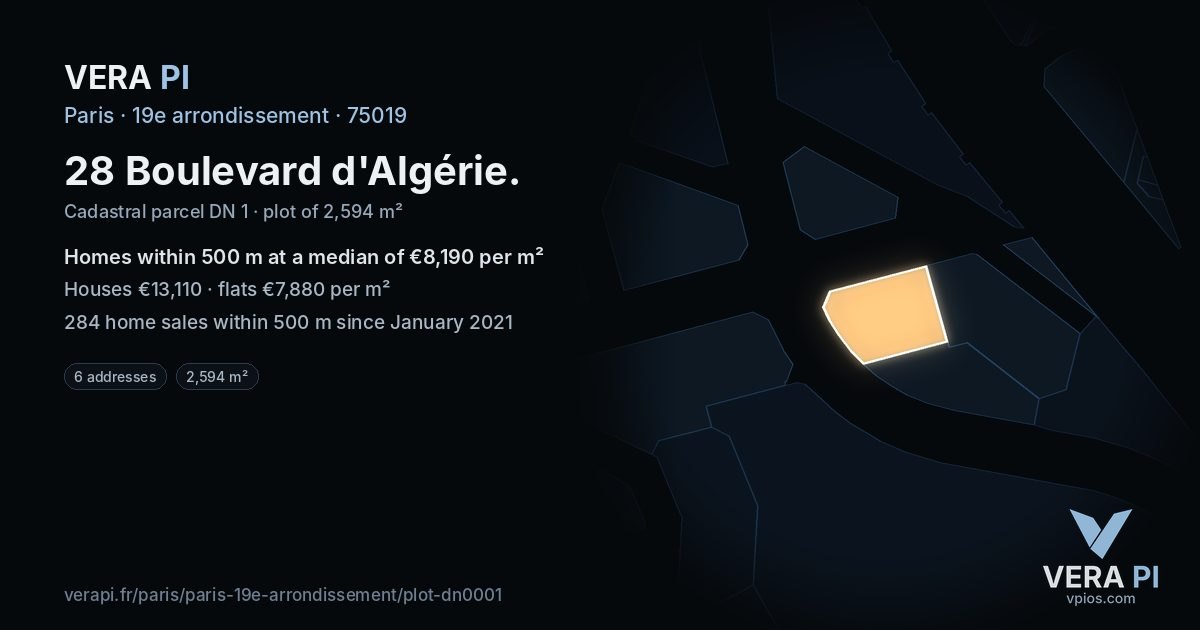 28 Boulevard d'Algérie, 19e arrondissement at night – the plot lit, the parcels around coloured by the prices near them