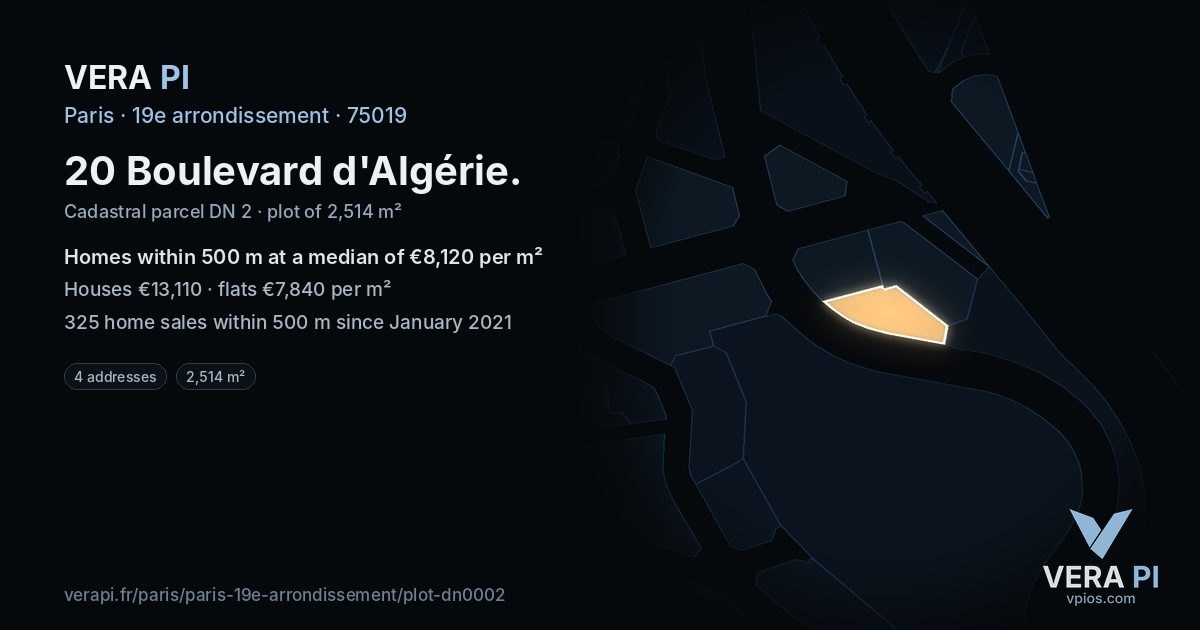 20 Boulevard d'Algérie, 19e arrondissement at night – the plot lit, the parcels around coloured by the prices near them