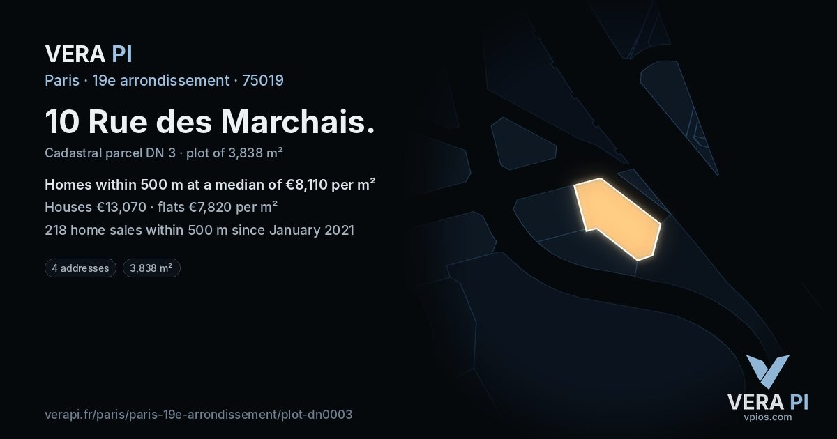 10 Rue des Marchais, 19e arrondissement at night – the plot lit, the parcels around coloured by the prices near them