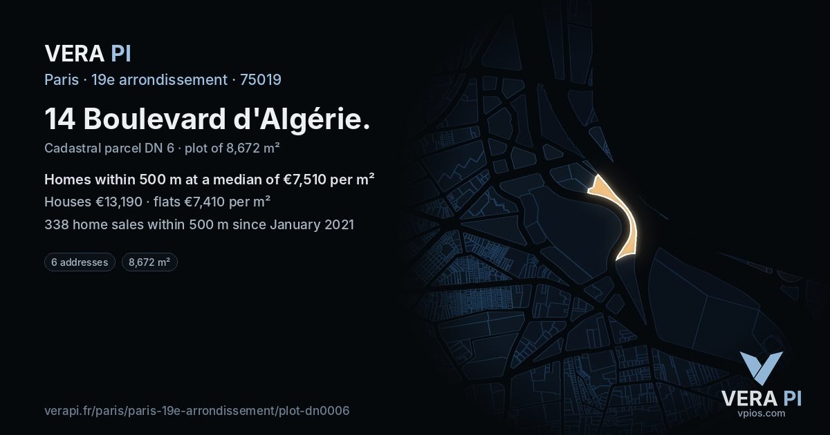 14 Boulevard d'Algérie, 19e arrondissement at night – the plot lit, the parcels around coloured by the prices near them