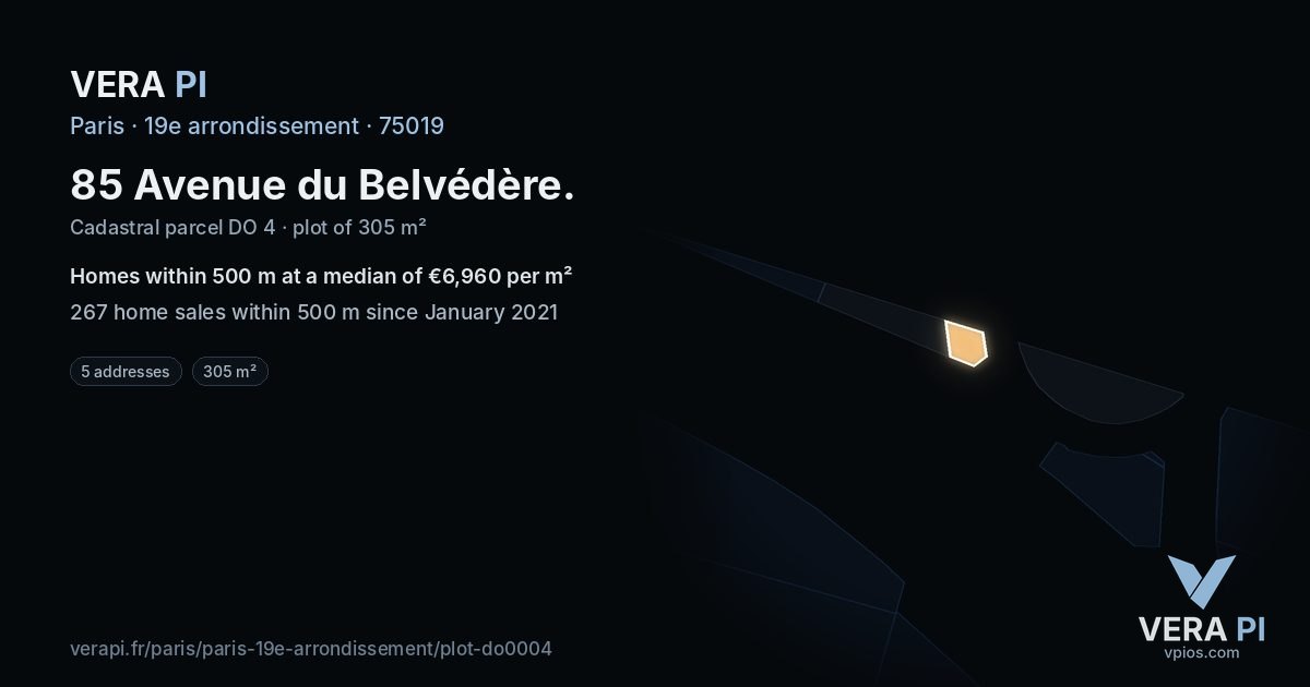 85 Avenue du Belvédère, 19e arrondissement at night – the plot lit, the parcels around coloured by the prices near them