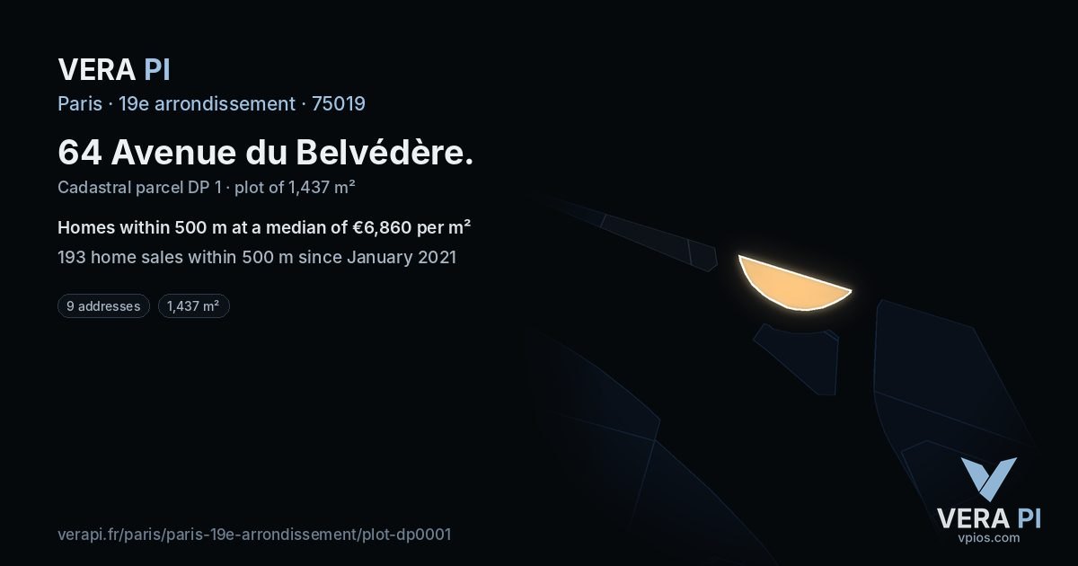 64 Avenue du Belvédère, 19e arrondissement at night – the plot lit, the parcels around coloured by the prices near them