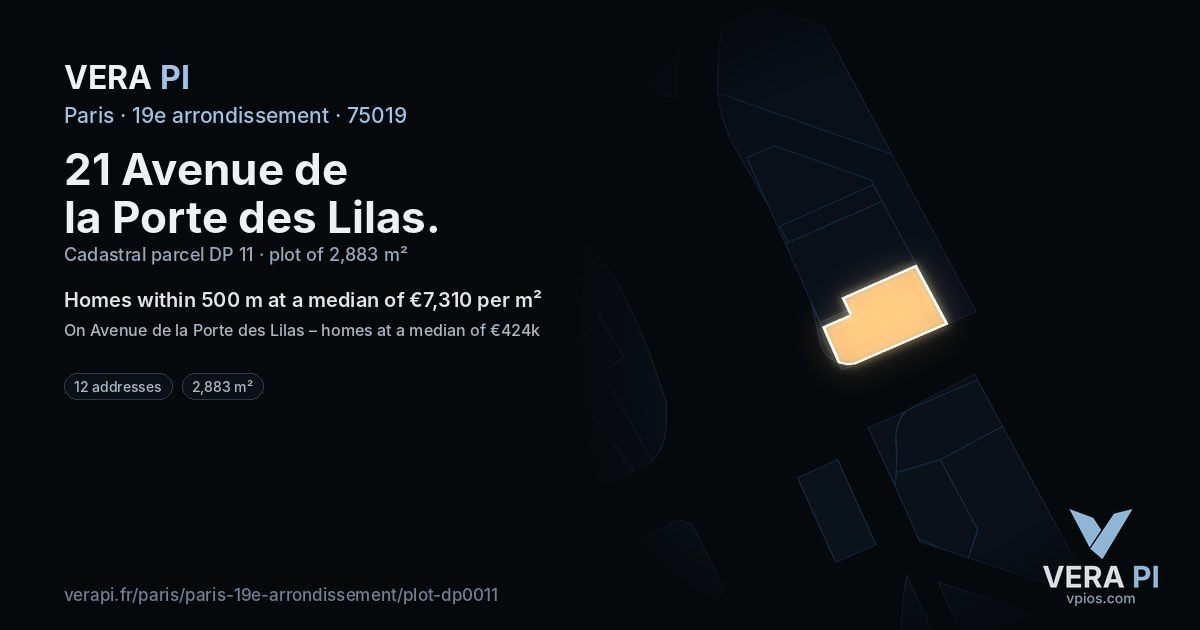 21 Avenue de la Porte des Lilas, 19e arrondissement at night – the plot lit, the parcels around coloured by the prices near them