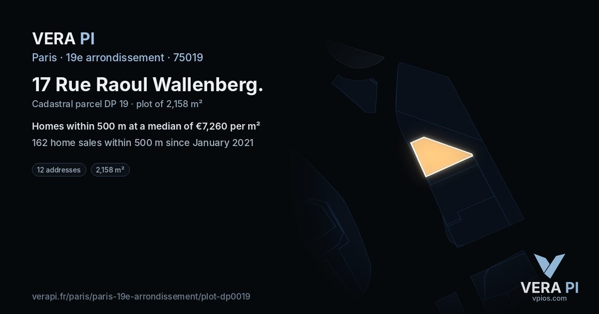 17 Rue Raoul Wallenberg, 19e arrondissement at night – the plot lit, the parcels around coloured by the prices near them