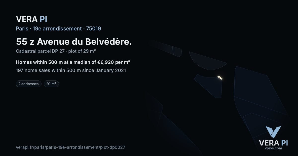 55 z Avenue du Belvédère, 19e arrondissement at night – the plot lit, the parcels around coloured by the prices near them