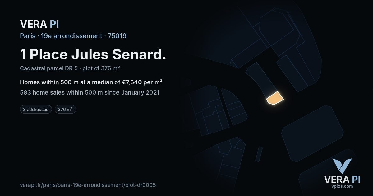 1 Place Jules Senard, 19e arrondissement at night – the plot lit, the parcels around coloured by the prices near them
