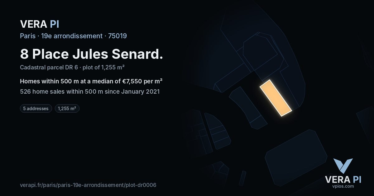 8 Place Jules Senard, 19e arrondissement at night – the plot lit, the parcels around coloured by the prices near them
